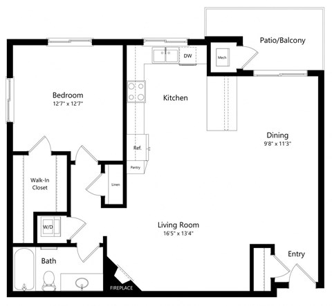 floor plan of a 1 bedroom apartment